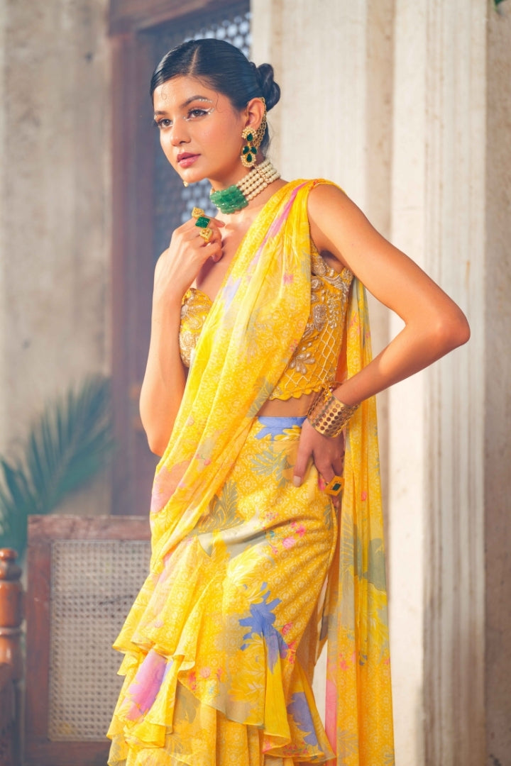 Genda ruffled saree set