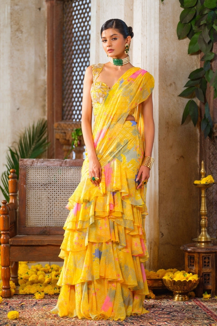 Genda ruffled saree set