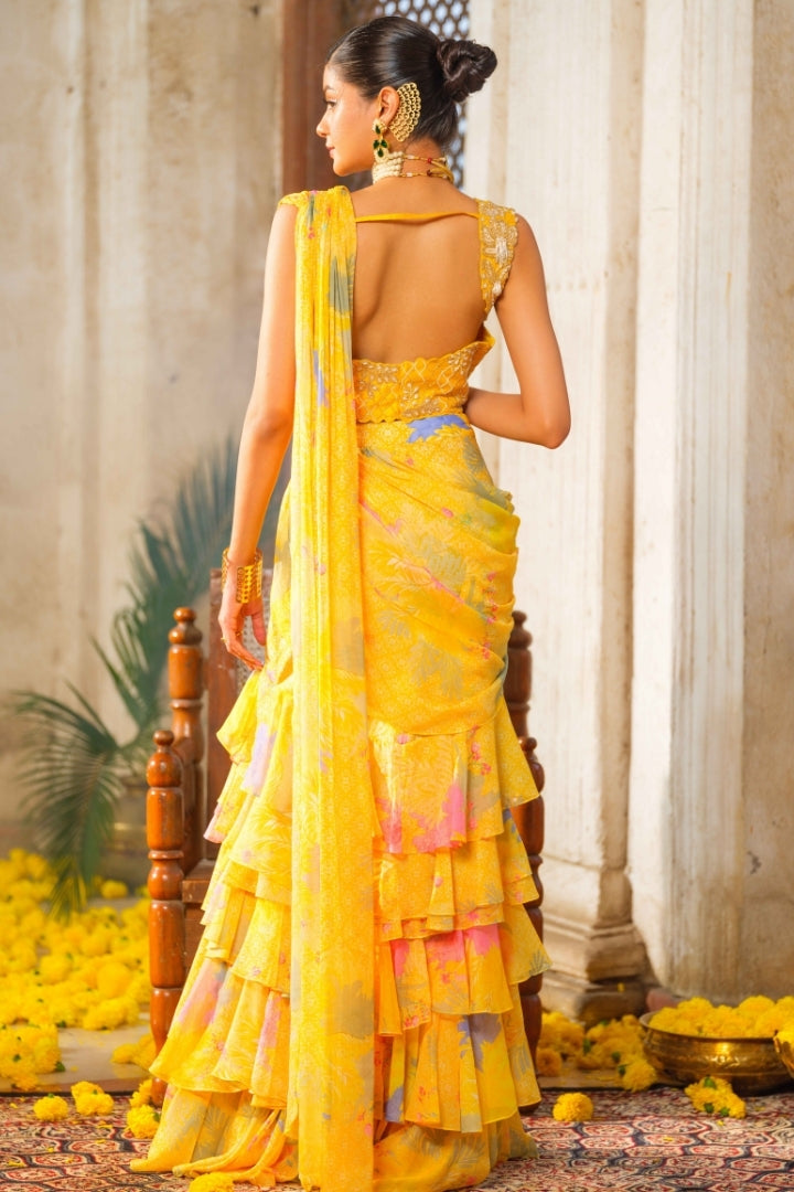 Genda ruffled saree set