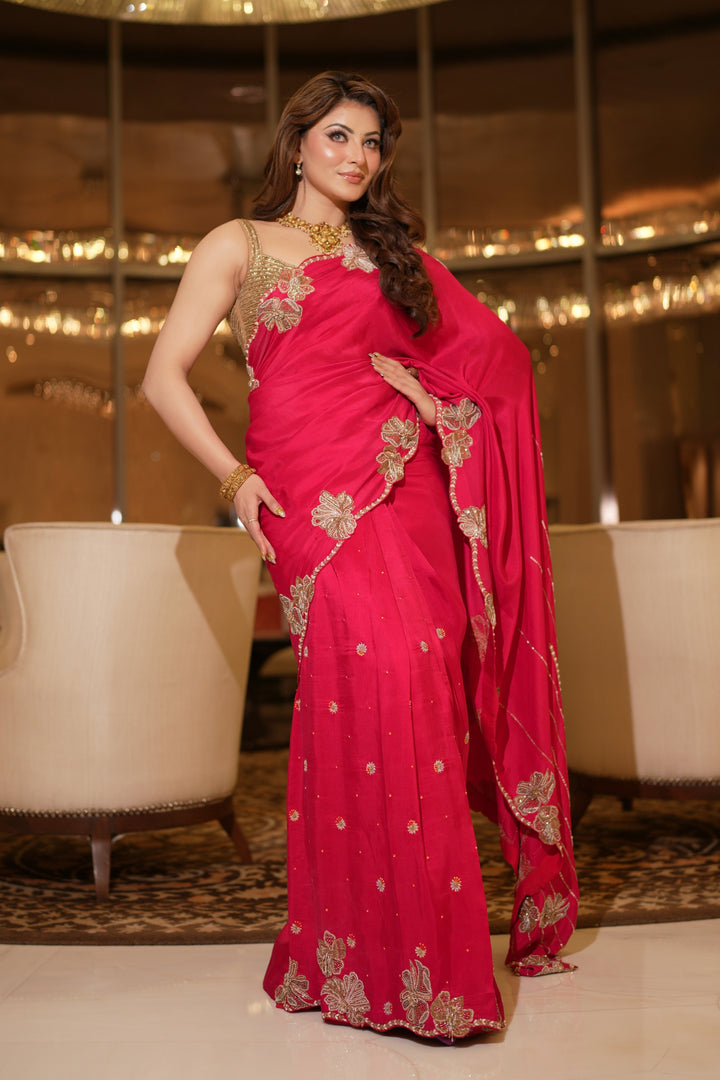 Urvashi Rautela in Red Manitha Saree Set